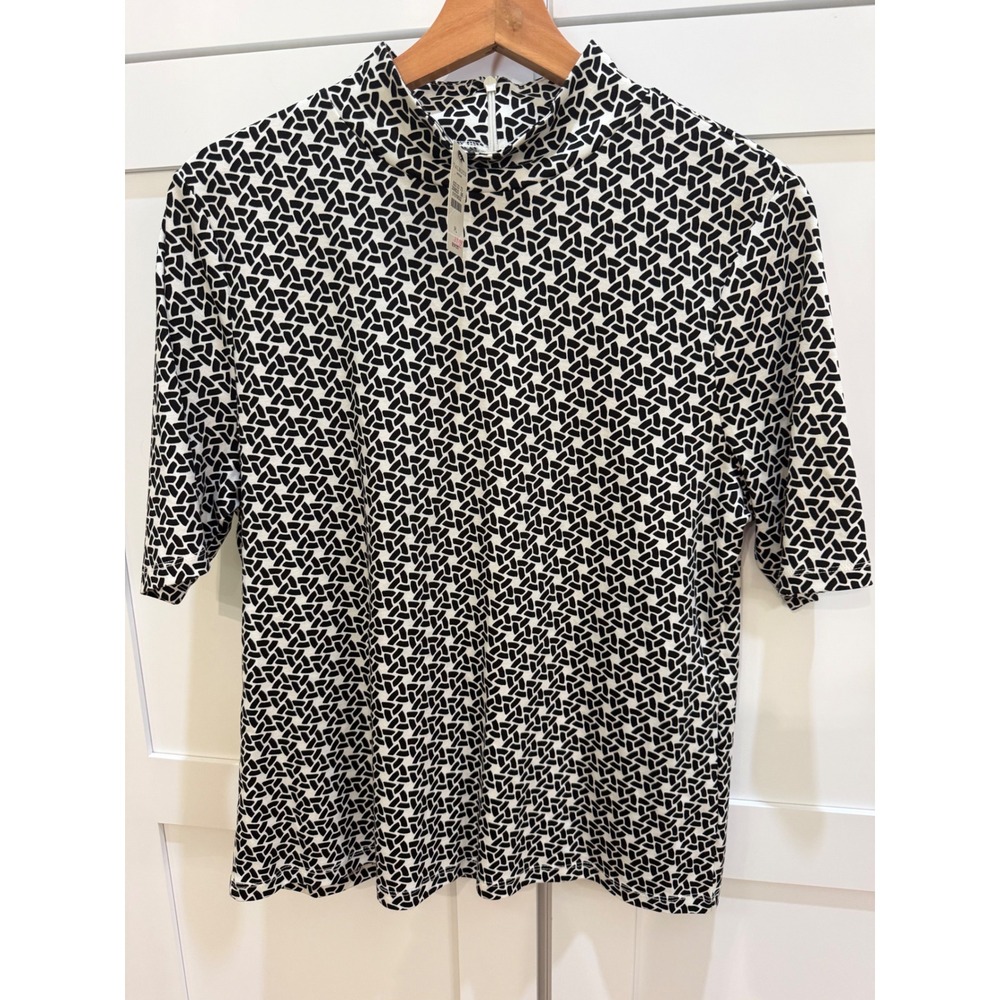 Talbots Petites Black White Geometric Mock Neck Cotton Top NWT LP